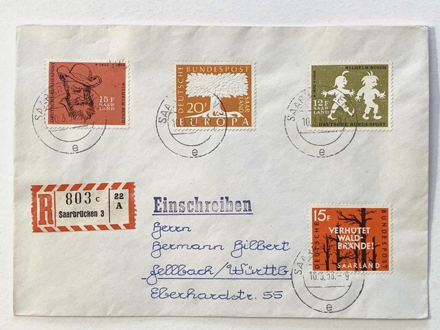 Saarland R-Brief SAARBRÜCKEN 10.3.58 - FELLBACH mit schöner MiF #129147
