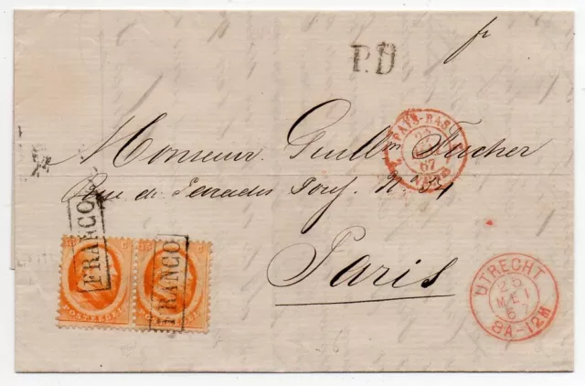 1867 Netherlands To France Cover Sc# 6 Pair $225.00 Superb Color Cancels Wow