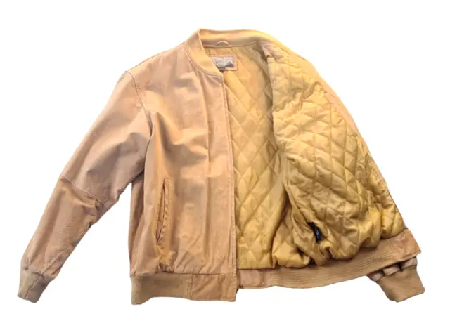 New York Classics 100% Leather Suede Quilt Lined Bomber Jacket Tan Mens LARGE