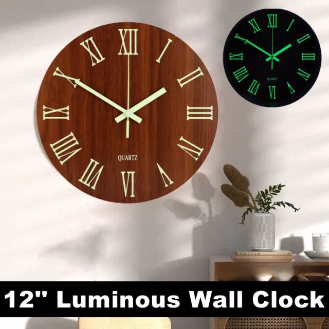 30cm Wanduhr Leuchtende Lautlos Küchenuhr Vintage Quarzuhr Uhr Retro Holz 12Zoll
