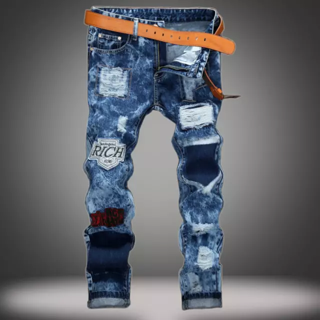 Men Casual Slim Fit Jogger Denim Trousers Ripped Biker Skinny Jeans Frayed Pants