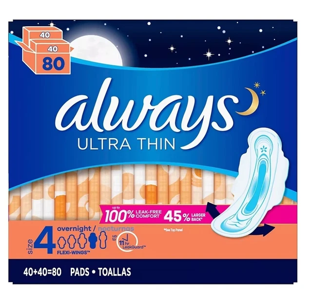 Almohadillas para pasar la noche Always Ultra Delgadas sin perfume con alas flexibles - Talla 4, 80 quilates.