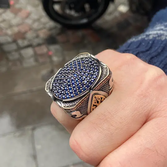 Silver Large Ring , Sapphire Stone Ring , Turkish Handmade Ottoman Style Ring 3