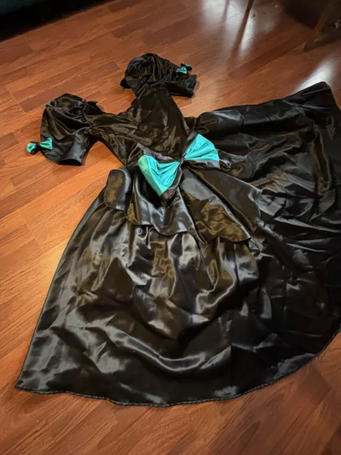 Vintage 80s High Low Puff Sleeves Satin Prom Dress Size 8 M With Bows Black Teal