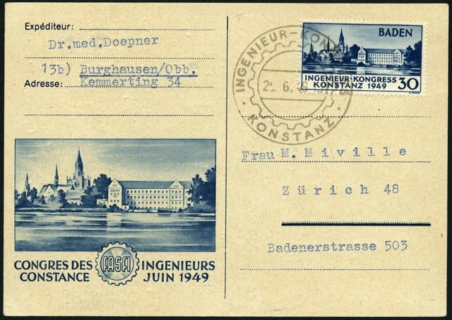 BADEN 1949, 30 Pf. Konstanz I, mit Sonderstempel auf Sonderkarte in die Schweiz