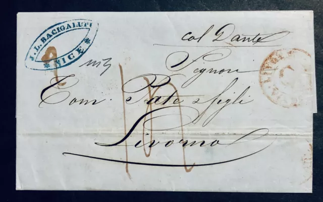 France 1854 Nice Via Mare C Red Tuscany Livorno Taxed Beautiful