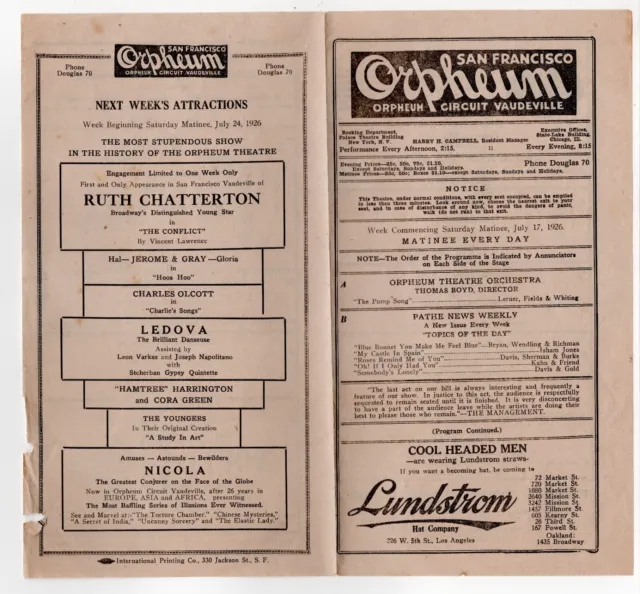 1926 Orpheum San Francisco Vaudeville Theater Schedule Scarce