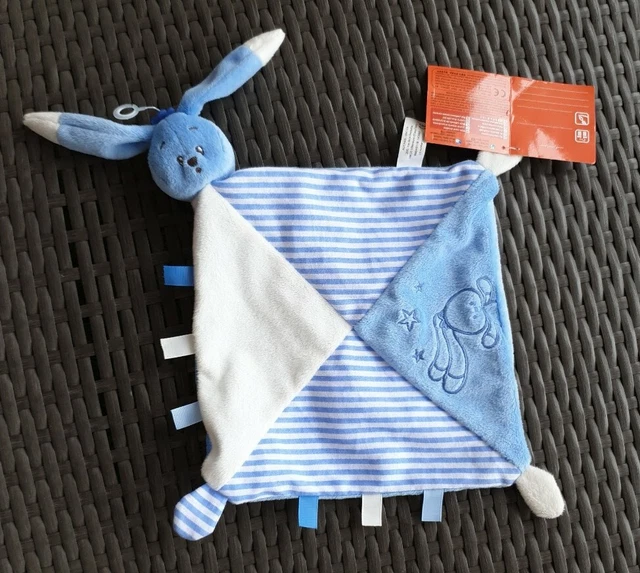 NEUF - Doudou Plat Lapin Bleu Blanc Rayé Étoile Auchan Ruban