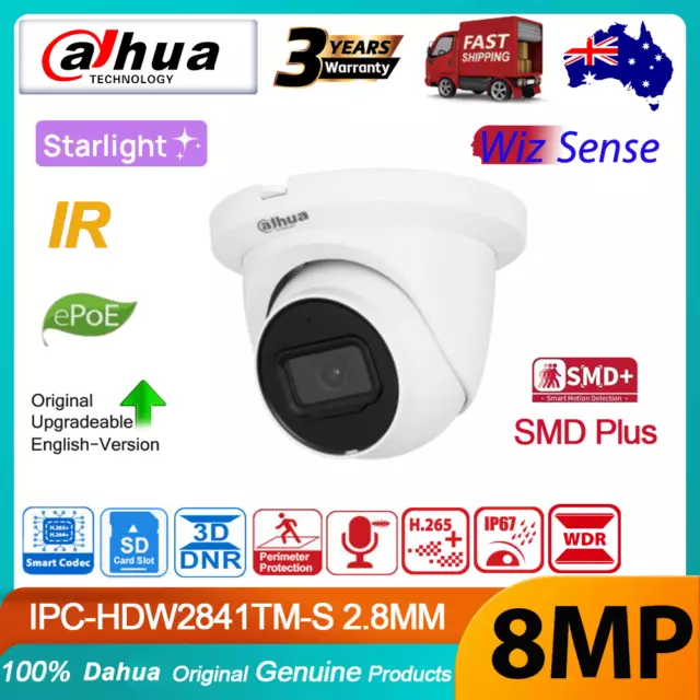 Dahua 8MP Starlight WizSense Mic PoE IP Eyeball Camera IVS SMD+ IPC-HDW2841TM-S