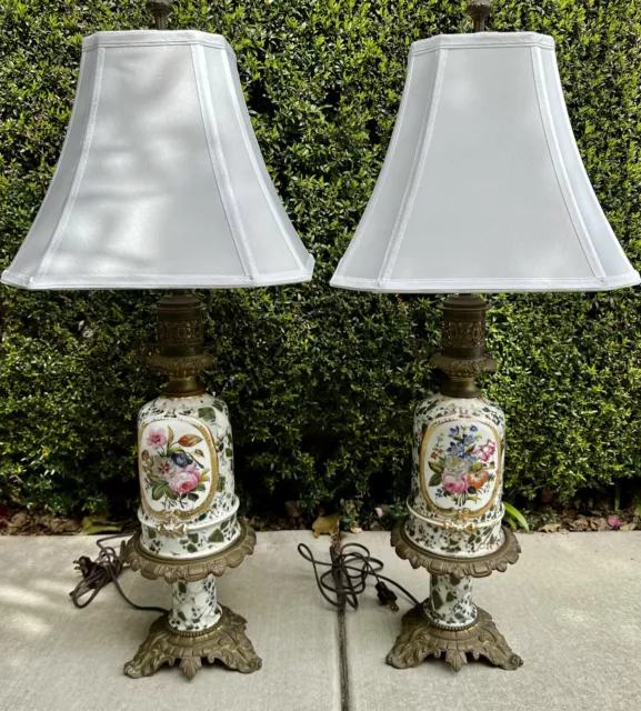 Pair Of Antique 19th Century  French Hand Painted Floral Table Lamps
