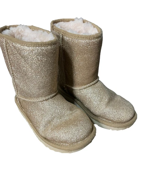 UGG Girls Classic Short II Glitter Boots Gold Size Youth 1 Faux Fur Lined