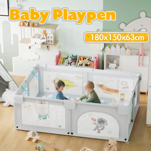 Baby Playpen 185*155cm Extra-Large Mesh Baby Fence Child Play Yard Light Grey