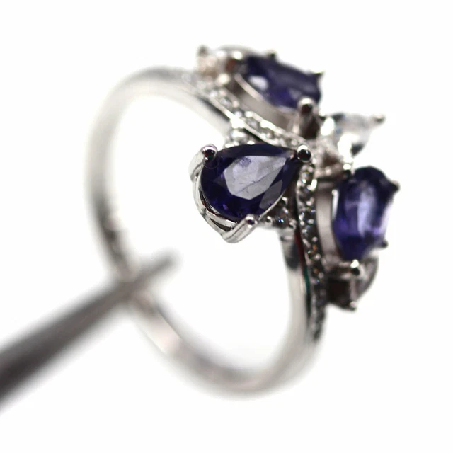 NATURAL 5 X 7 mm. PURPLE IOLITE & WHITE CZ 925 STERLING SILVER RING SZ 7.75