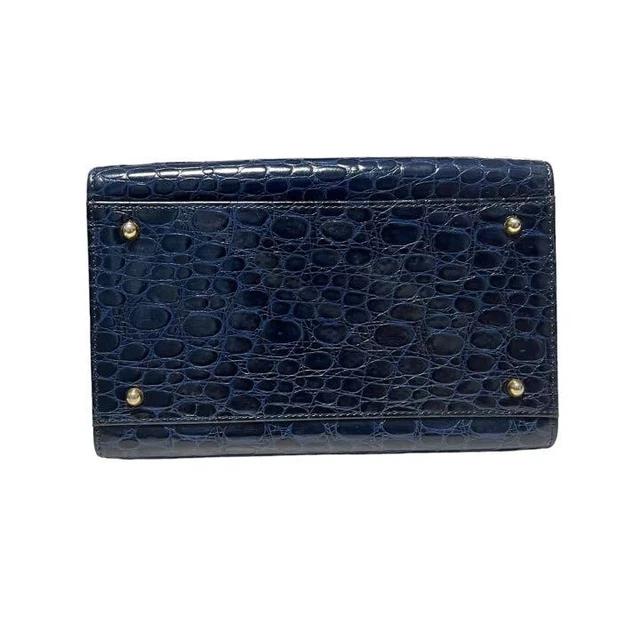Longchamp Leather Handbag Tote Bag Croc embossed Blue with Gold Charm 5