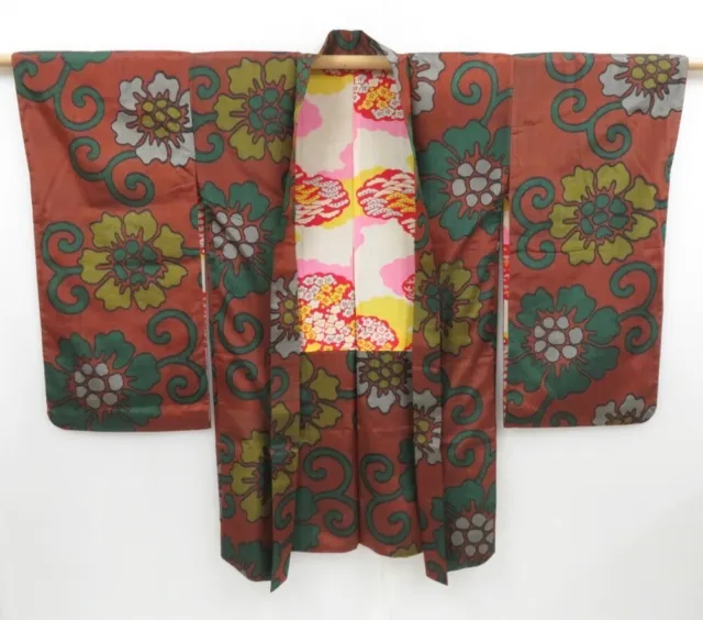 3410T12z410 Vintage Japanese Kimono Silk MEISEN HAORI Flower Brown
