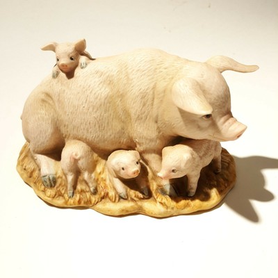Vintage HOMCO 1443 Ceramic Sow with 4 Piglets 6" long, Figurine - Made in Taiwan