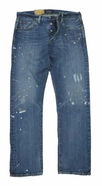 Polo Ralph Lauren Men's Blue Paint Splatter Varick Slim Straight Rope Dyed Jeans