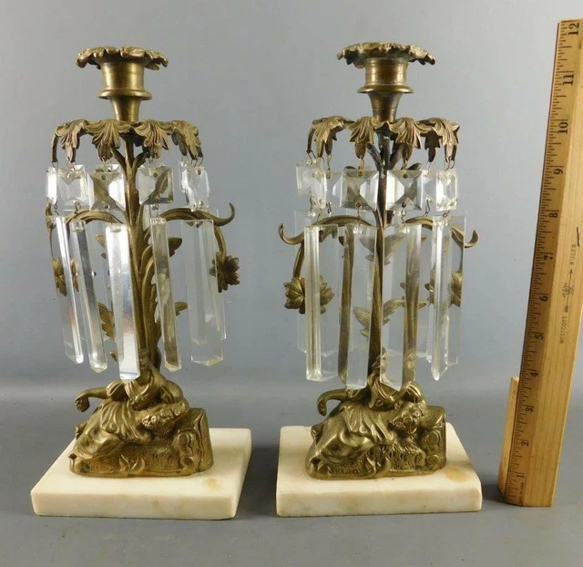 Antique Victorian Pair Candlestick Girandole Ornate Brass Figural Crystal Prisms