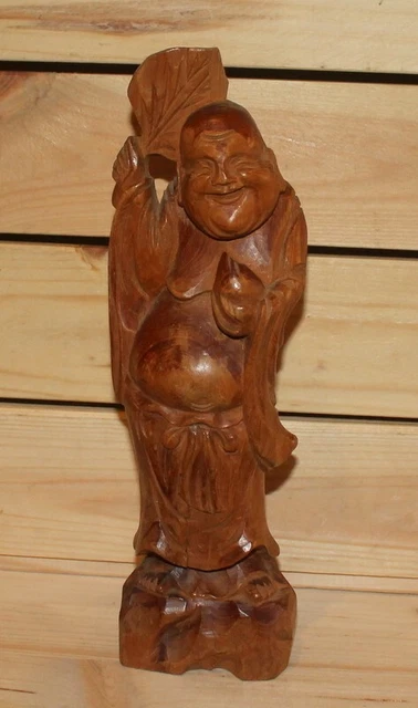 Vintage Asian hand carving wood statuette Budai Laughing Buddha