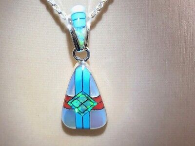 Opal Drop with Blue Turquoise and red Cross Ladies Pendant Sterling Silver