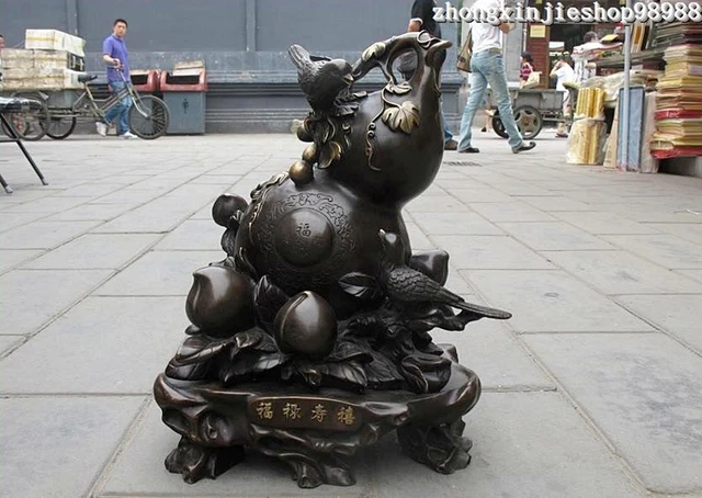 China Bronze longevity blessing peach pied magpie gourd Lucky fengshui statue
