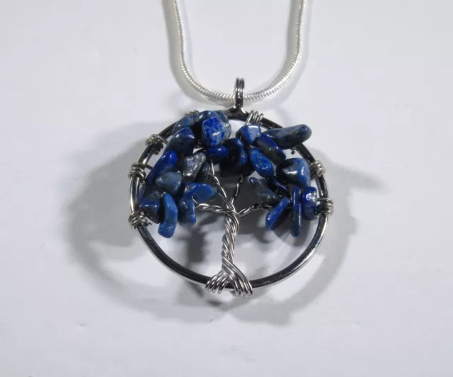 Natural Lapis Lazuli Tree of Life Pendant Crystal Stone Healing Silver Necklace