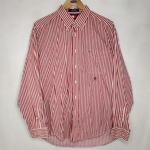 Tommy Hilfiger Vintage Mens Large Red White Striped Button Down Shirt Crest Logo