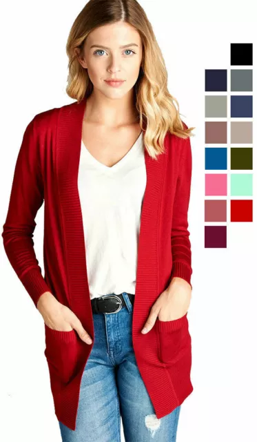 Women's Cardigan Long Sleeve Open Front Draped Sweater Rib Banded w/ Pockets