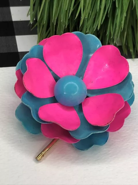 Vintage Bright Pink & Blue Enamel Layered Flower Power Pin