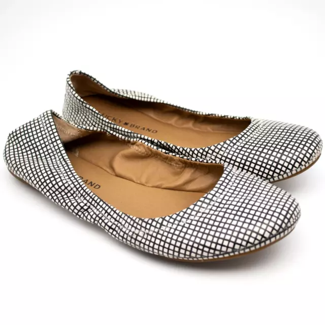 Lucky Brand Emmie Black White Check Leather Ballet Flats SIZE 8