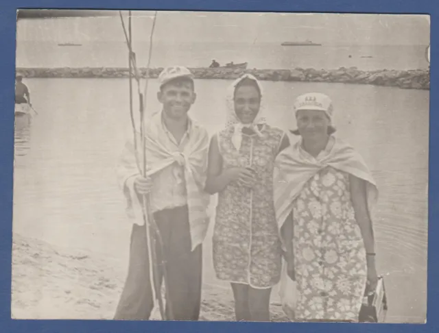 Pretty Guy with rods and girls in headscarves on beach Soviet Vintage Photo USSR