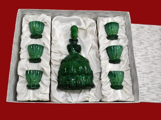 Vintage Bohemia Green Malachite Art Glass Decanter Bottle, Shot Glasses Set