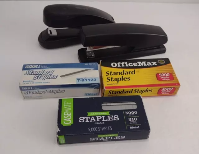 Lot of 2 Regular Size Staplers and 3 Boxes of Staples 5000 per Box