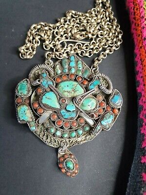Antique Tibetan Rams Necklace in Silver with Red Coral & Turquoise Stones …beaut
