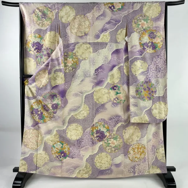Japanese Kimono Silk Furisode Long Sleeves Gold Leaf Snowflake Peony Purple 65"