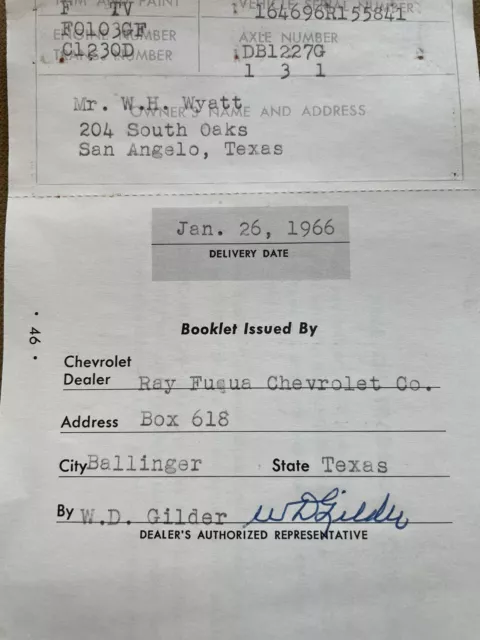 1966 Chevrolet warranty booklet Fuqua Gilder Ballinger Texas Dealer (19-56-8)