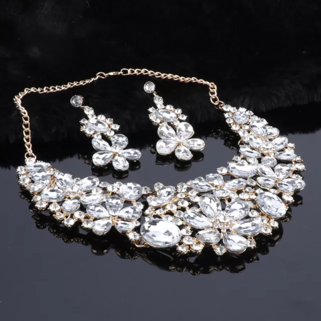 Women's Wedding Bridal Austrian Crystal Flower Statement Necklace Dangle Earring