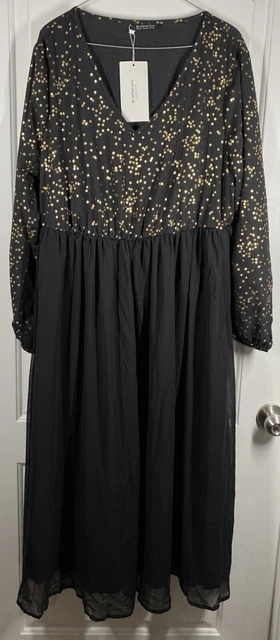 Black with Gold Star Print Lantern Sleeve Midi Dress with Pockets 14-16/1X