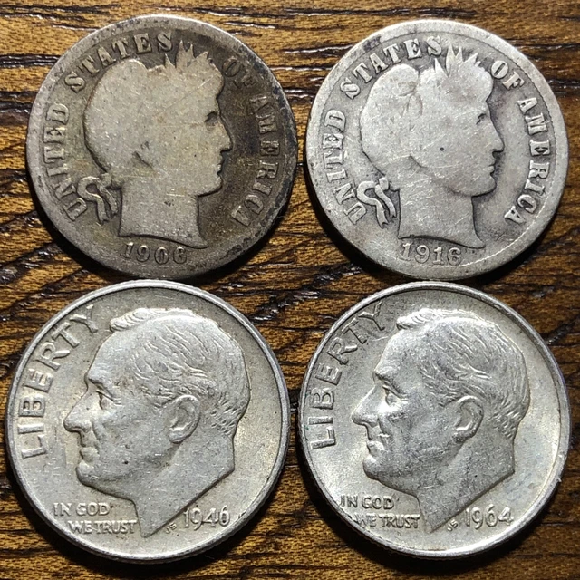 Silver 1906 1916 Barber Dimes 1946 1964 Silver Dime Lot 4 Toned Silver A2683