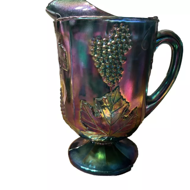 Vintage Blue Carnival Glass HARVEST GRAPE Indiana Iridescent Glass Pitcher 64oz