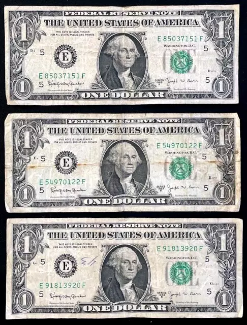 1963 $1 One Dollar Bill BARR NOTE LOT OF 3 1963B Series B Serial E EXACT SHOWN