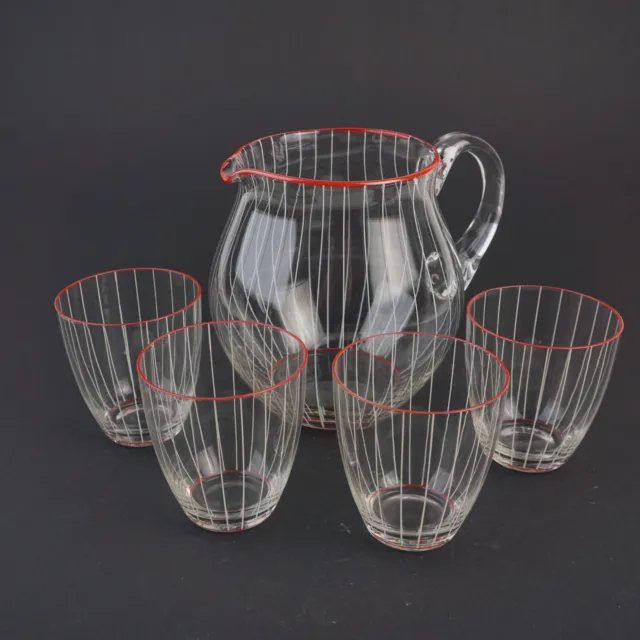 Art Deco 1920/30 Glas Karaffe mit 4 Gläsern, Bauhaus Stil: Rot, Weiß gestreift 2