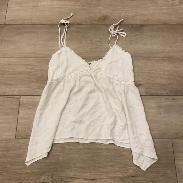 Free People White Embroidered Rayon Tank Tie Straps V Neck Size L Large