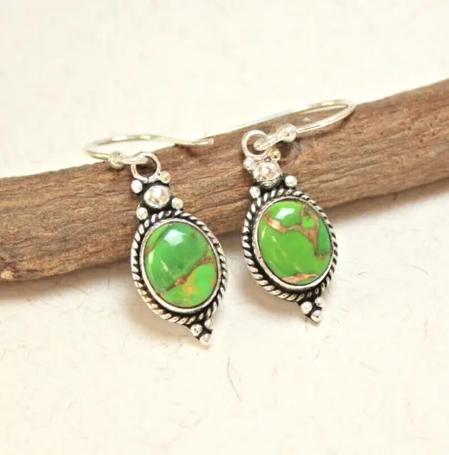 Green Turquoise Gemstone 925 Sterling Silver Handmade Jewelry Earring-1.30"