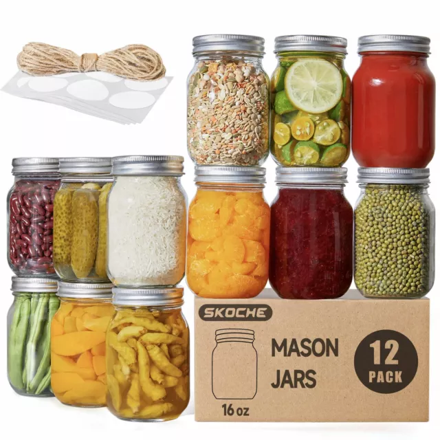Mason Jars 16 oz with Airtight Lids and Bands, 12 Pack Pint Clear Glass Regul...