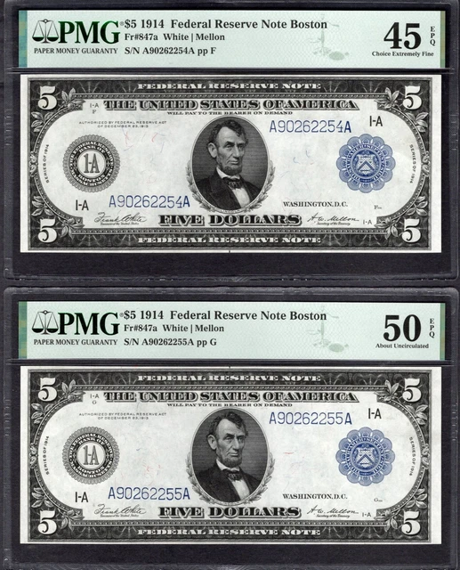 Lot of Two Consecutive 1914 $5 Boston FRNs PMG 45 EPQ / 50 EPQ Fr.847a Lot of Two Consecutive 1914 $5 Boston FRNs PMG 45 EPQ / 50 EPQ Fr.847a