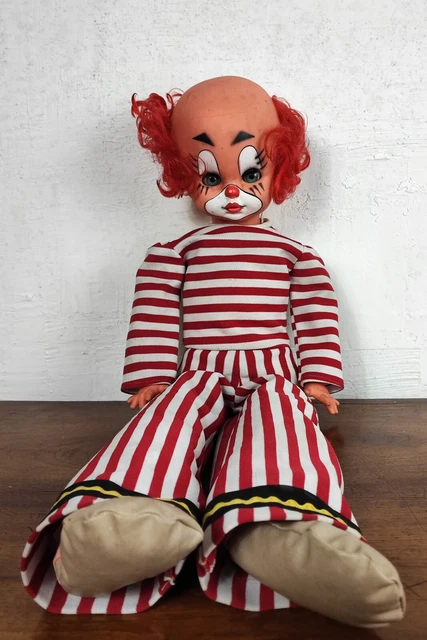 Poupée Clown Vintage Années 80 - Nez Rouge, Cheveux Laine, Tenue Vichy Bleu, Occasion