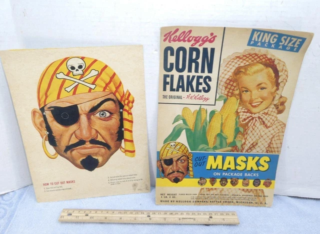 ORIGINAL 1950S KELLOGGS CORN FLAKES RICE & KRISPIES CEREAL BOX PIRATE ...