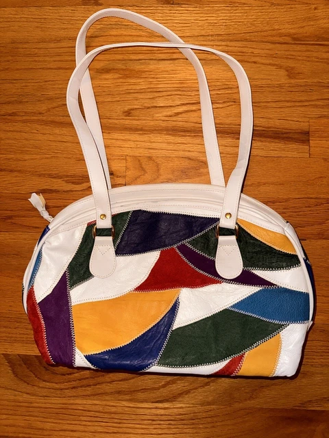 Vintage Patchwork Suede & Leather Handbag White Red Shoulder Bag 80’s 90’s Vtg