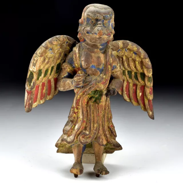 Antique Garuda Carved Wood Polychrome Painted Statue Figure